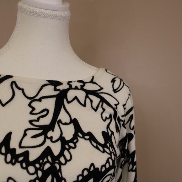 Women's Cache Black and White 3/4 Sleeve Floral Knit Top Sz L - Picture 2 of 5